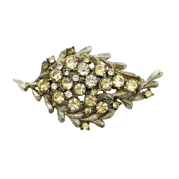 VTG Rhinestone Brooch Clear Round Stones Leaf Shape J1-3018 - Picture 1 of 9